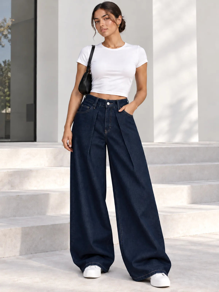 Navy Pleated Super Wide-Leg Flare Jeans