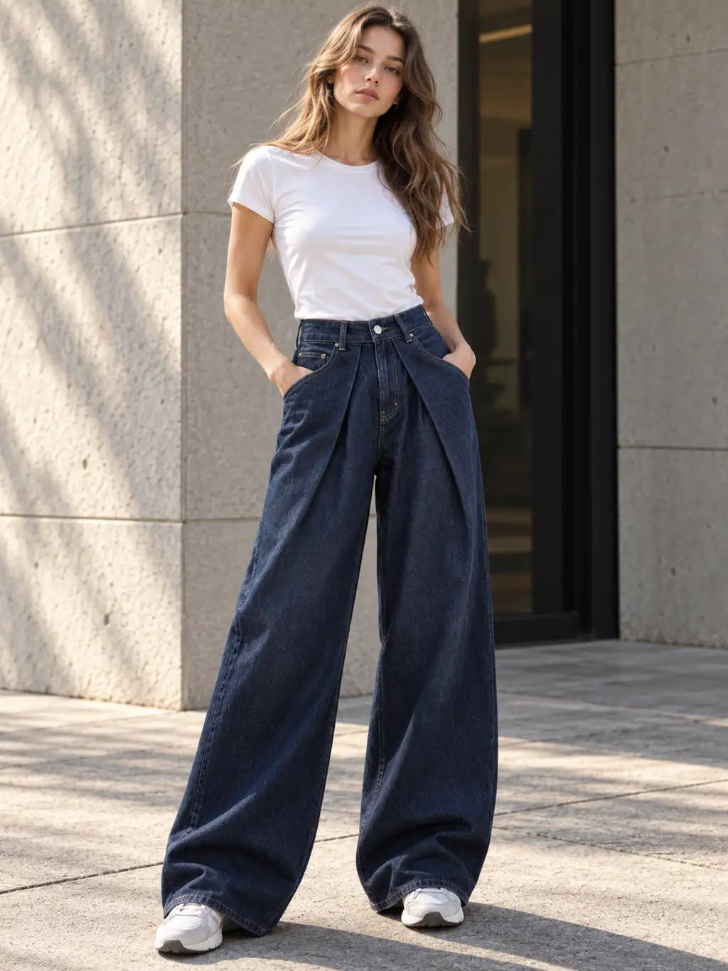 Navy Pleated Super Wide-Leg Flare Jeans - view 2