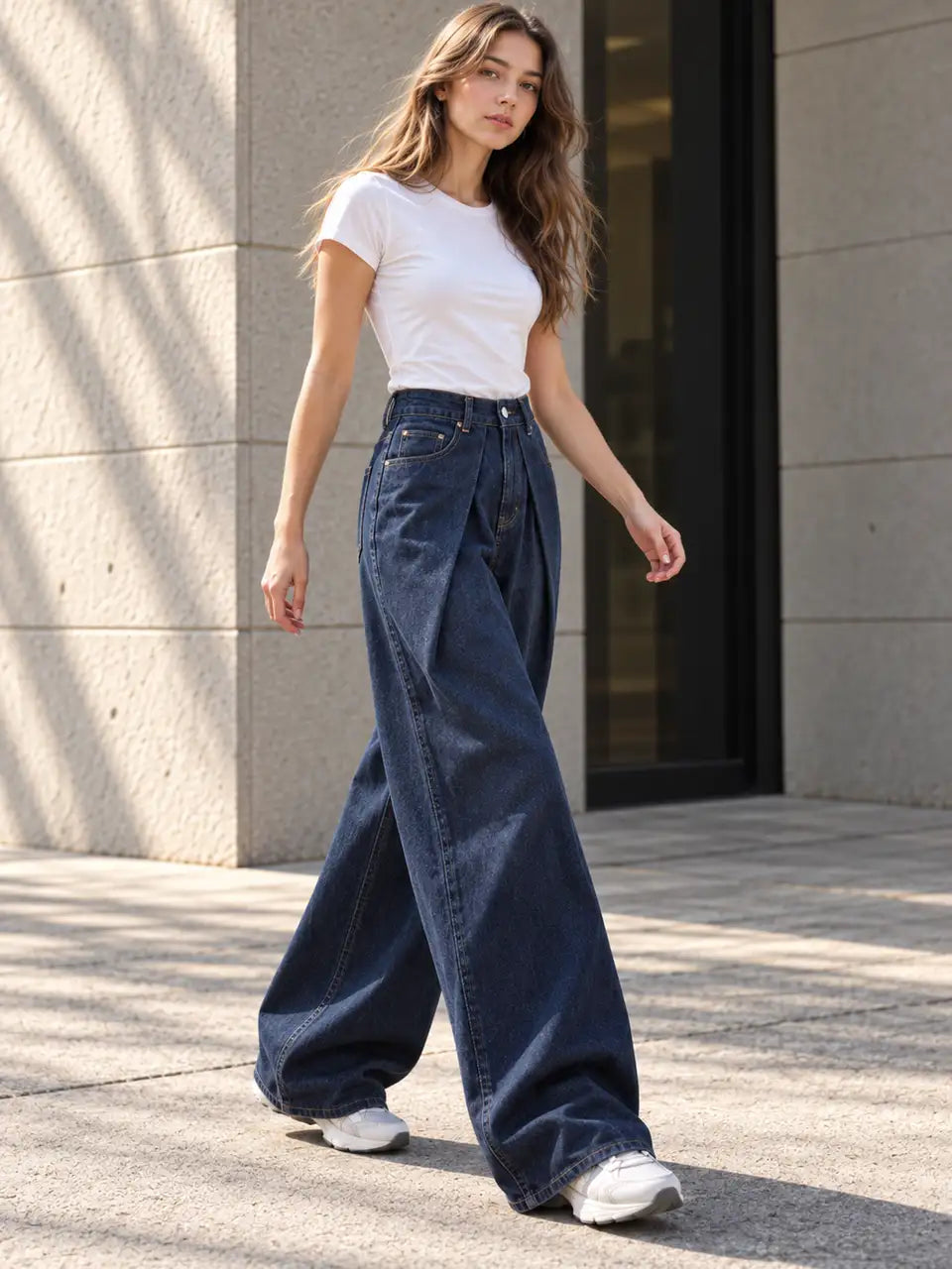 Navy Pleated Super Wide-Leg Flare Jeans - view 3