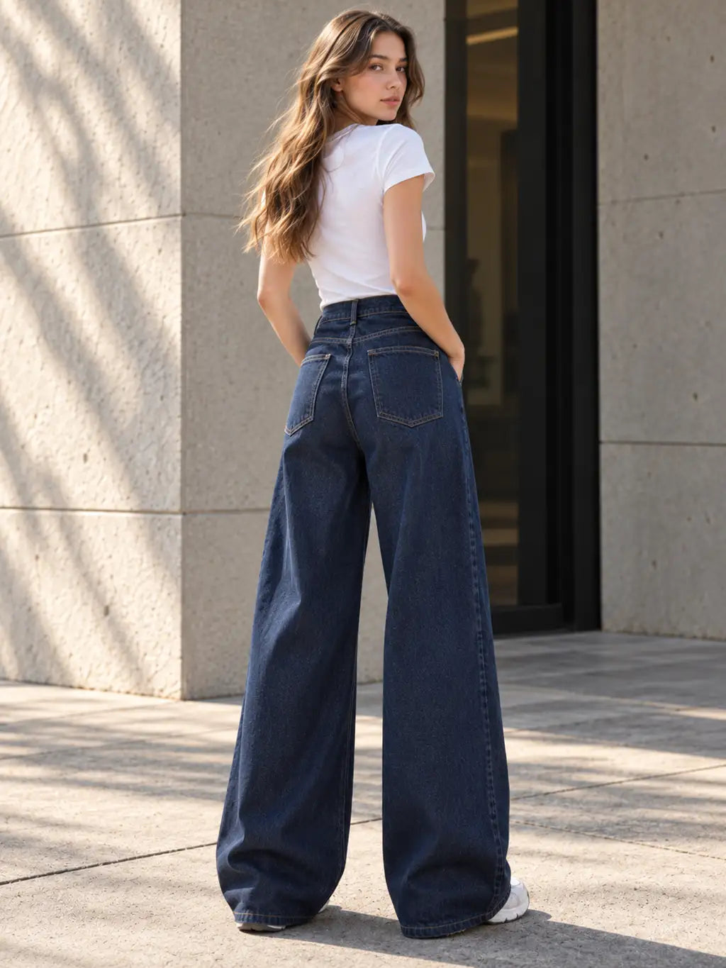 Navy Pleated Super Wide-Leg Flare Jeans - view 4