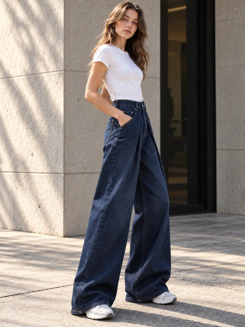Navy Pleated Super Wide-Leg Flare Jeans - view 5