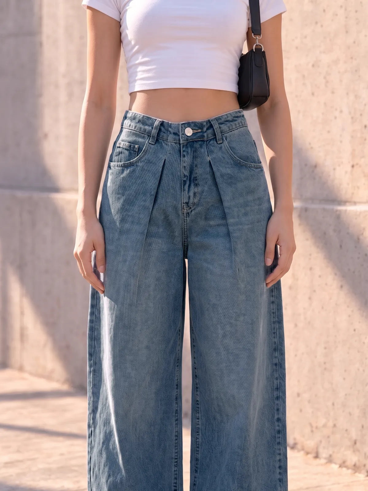 Vintage Blue Pleated Super Wide-Leg Flare Jeans - view 4
