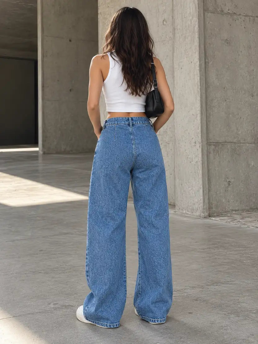 Blue Double Pleated Wide-Leg Jeans - view 3