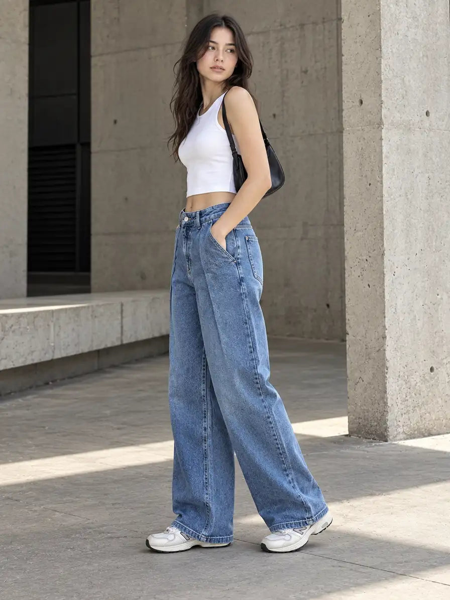 Blue Double Pleated Wide-Leg Jeans - view 4