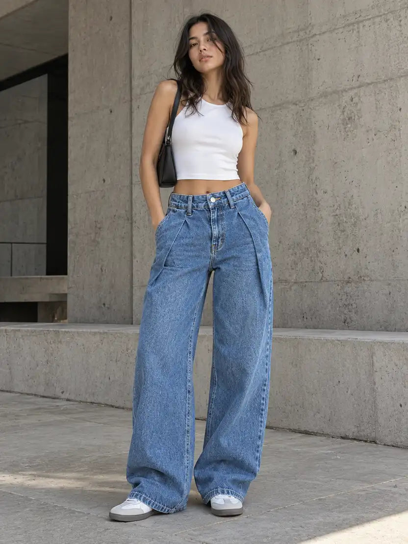 Blue Double Pleated Wide-Leg Jeans - view 5