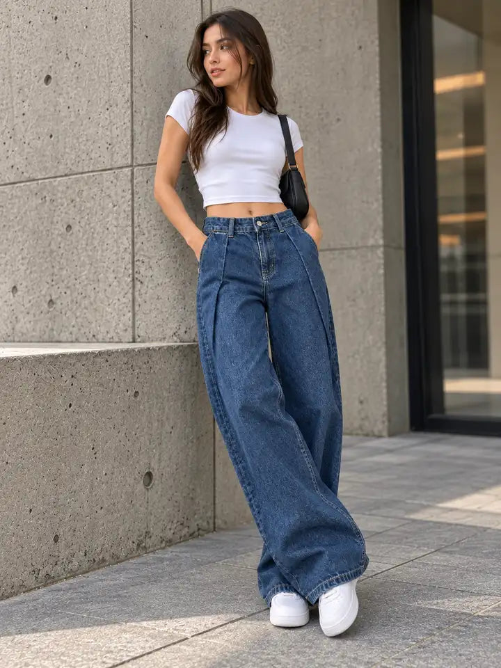 Deep Blue Double Pleated Wide-Leg Jeans - view 1