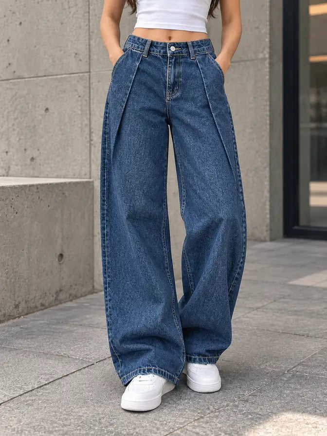 Deep Blue Double Pleated Wide-Leg Jeans - view 2