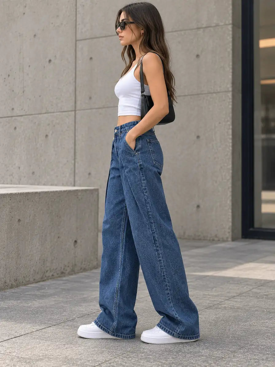 Deep Blue Double Pleated Wide-Leg Jeans - view 3