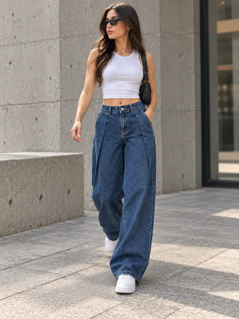 Deep Blue Double Pleated Wide-Leg Jeans - view 4