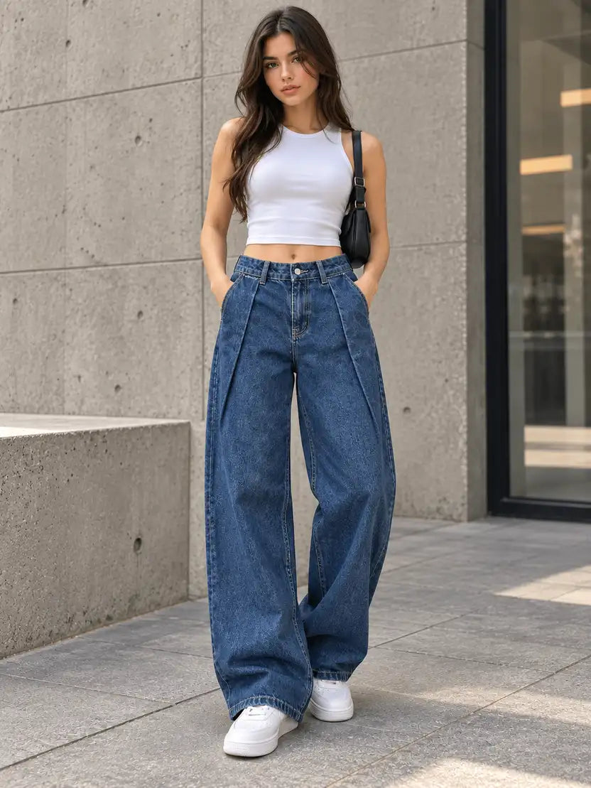 Deep Blue Double Pleated Wide-Leg Jeans - view 5