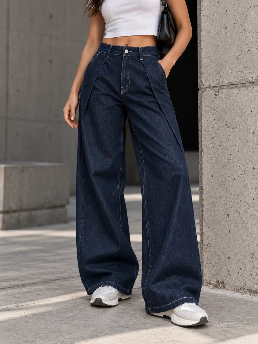Navy Double Pleated Wide-Leg Jeans
