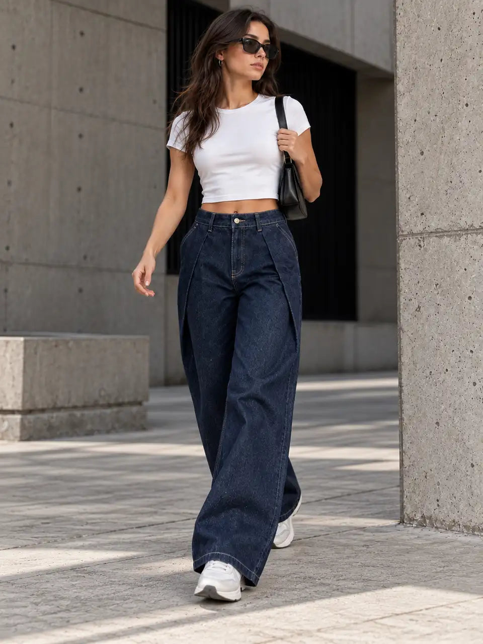 Navy Double Pleated Wide-Leg Jeans - view 2