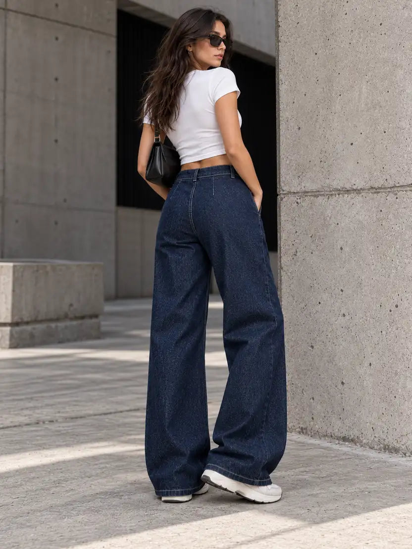 Navy Double Pleated Wide-Leg Jeans - view 4