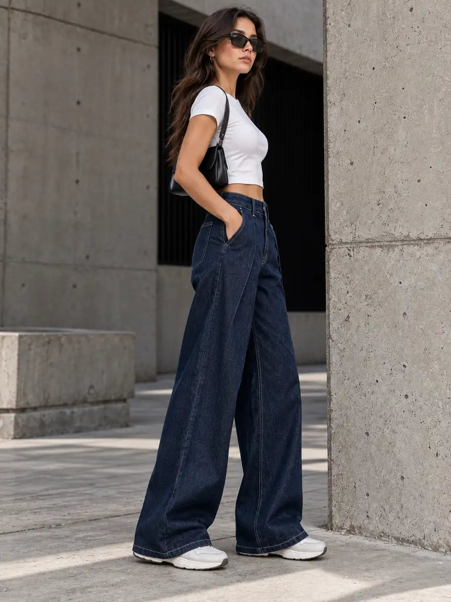 Navy Double Pleated Wide-Leg Jeans - view 5