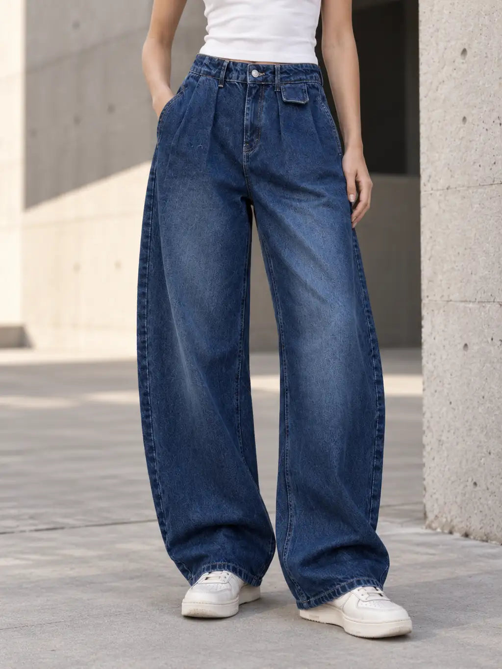Deep Blue Pleated Baggy with Front Flap Pocket - view 1