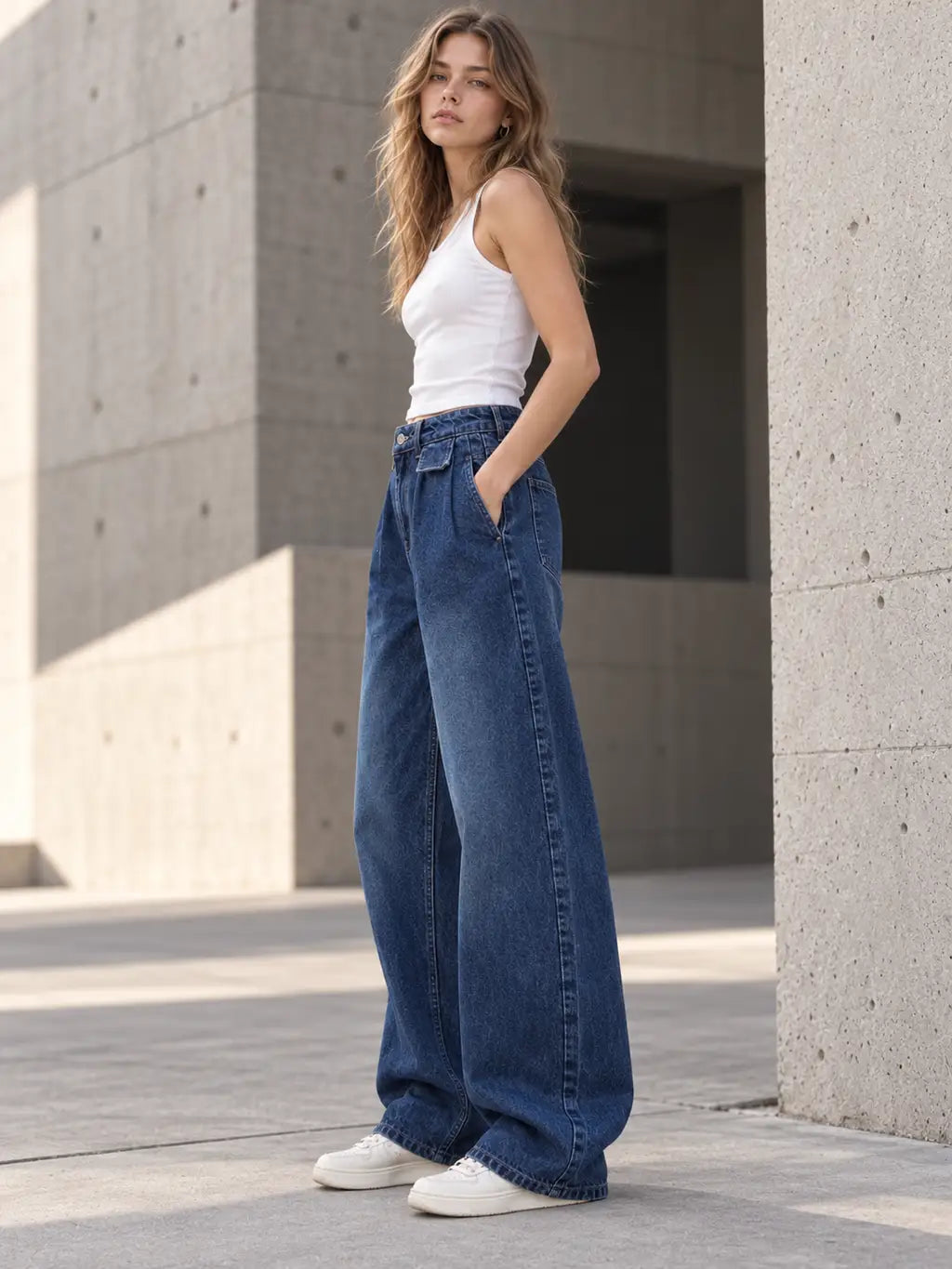 Deep Blue Pleated Baggy with Front Flap Pocket - view 4