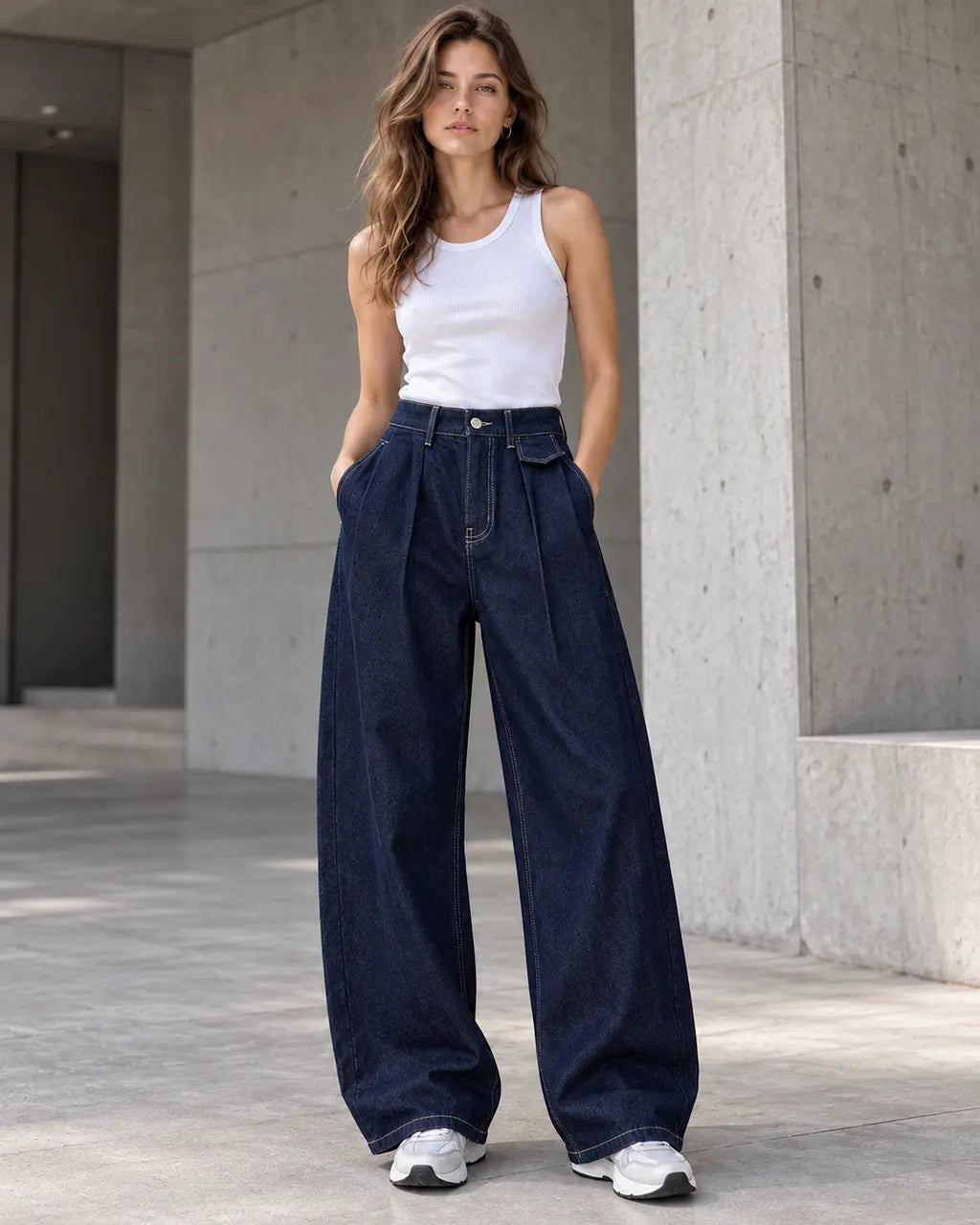 Navy Pleated Baggy with Front Flap Pocket - view 2