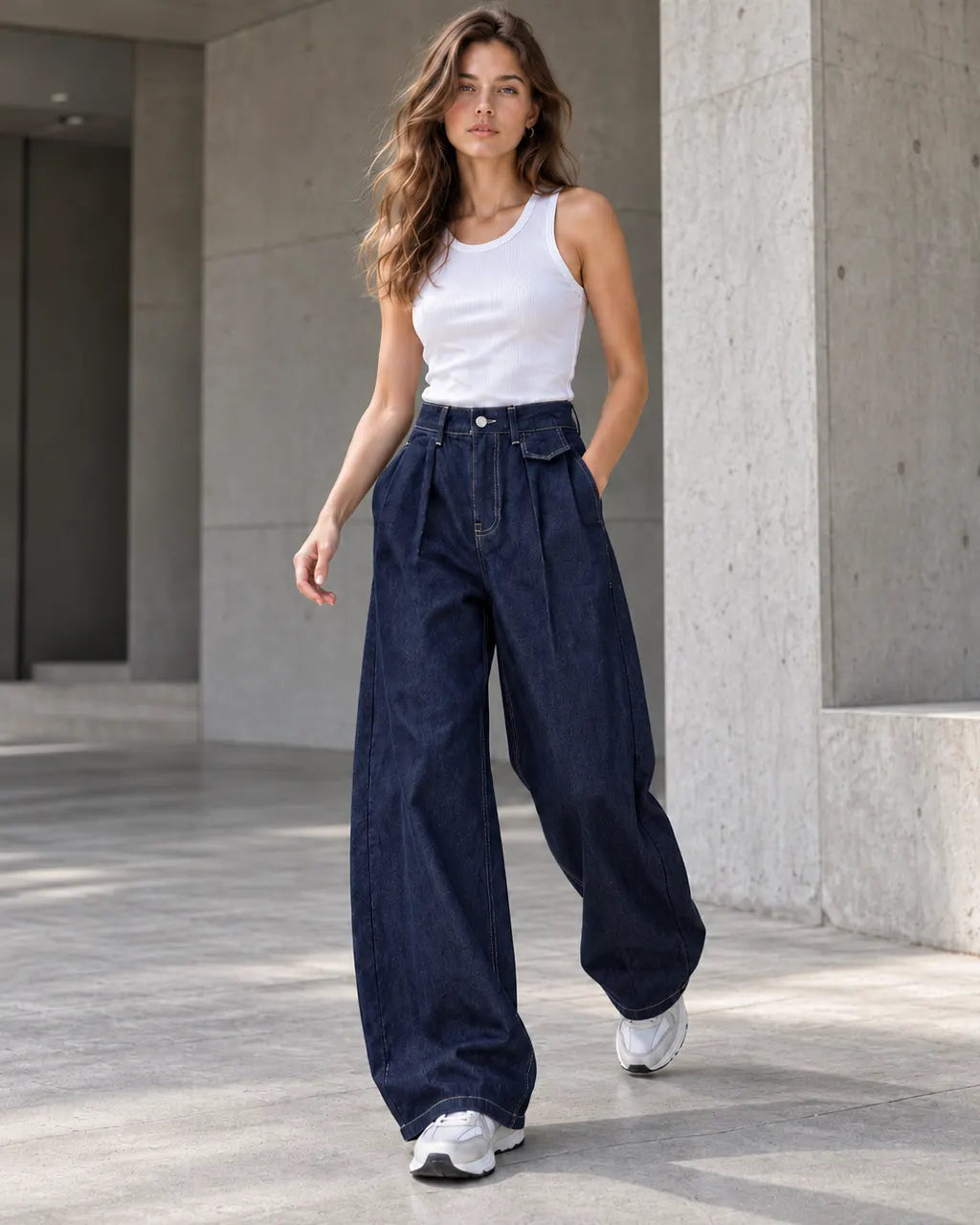 Navy Pleated Baggy with Front Flap Pocket - view 4