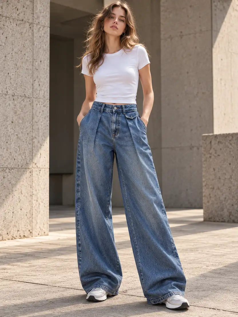 Vintage Blue Pleated Baggy with Front Flap Pocket - view 1