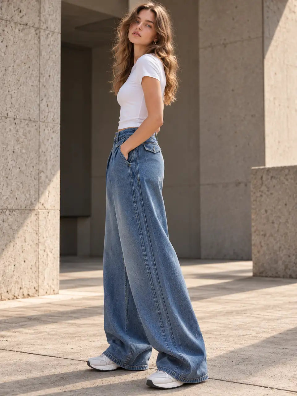 Vintage Blue Pleated Baggy with Front Flap Pocket - view 3