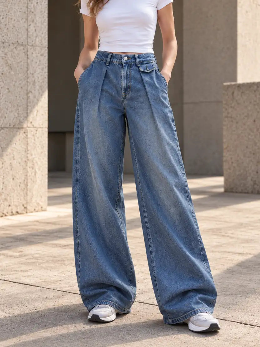 Vintage Blue Pleated Baggy with Front Flap Pocket - view 4