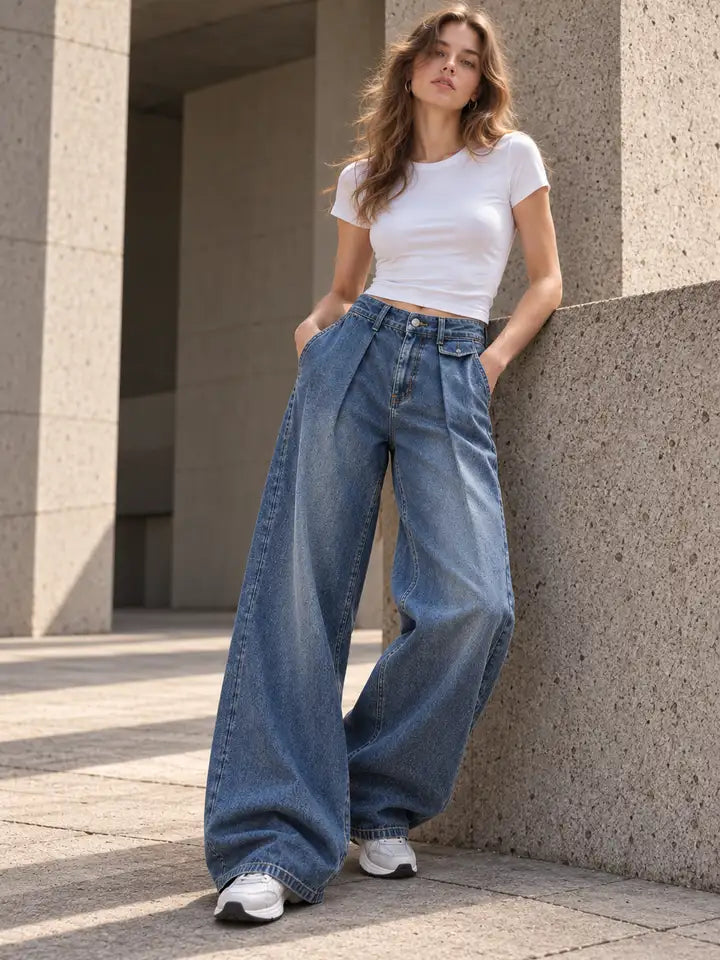 Vintage Blue Pleated Baggy with Front Flap Pocket - view 5