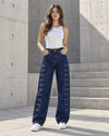 Navy Wide-Leg Pants with Side Tab Details