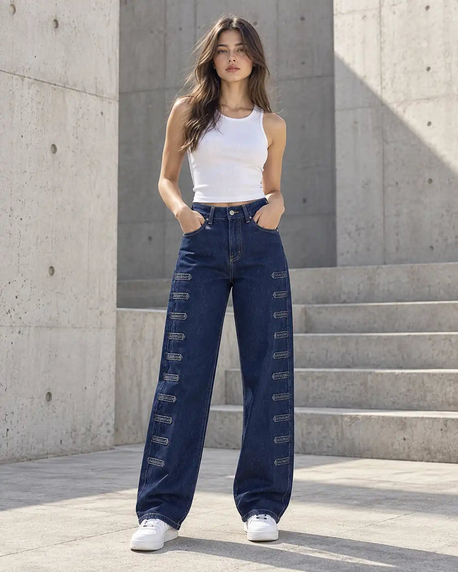 Navy Wide-Leg Pants with Side Tab Details