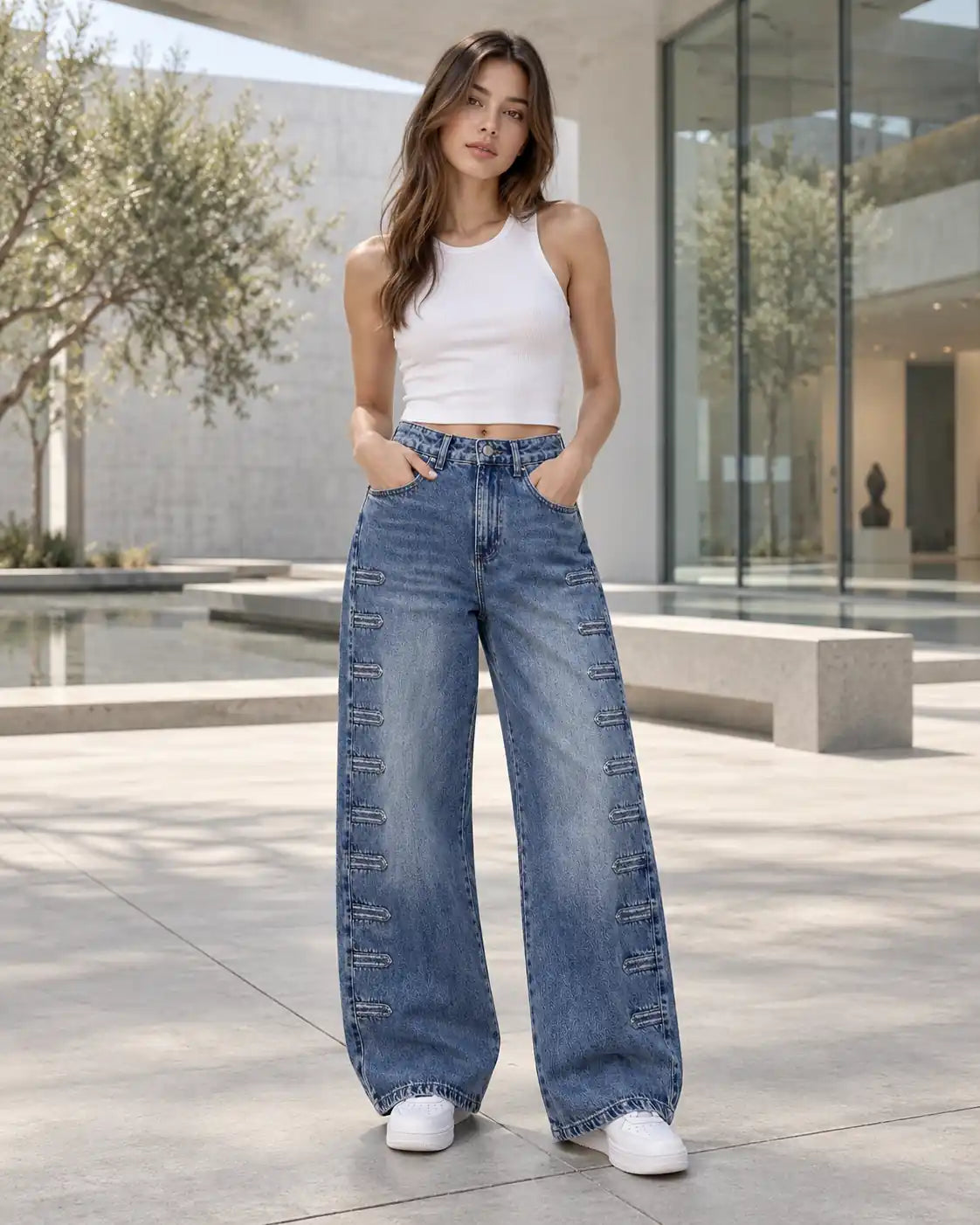 Vintage Blue Wide-Leg Pants with Side Tab Details