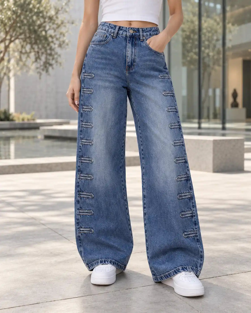 Vintage Blue Wide-Leg Pants with Side Tab Details