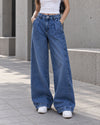 Blue High-Waisted Pleated Wide-Leg Jeans
