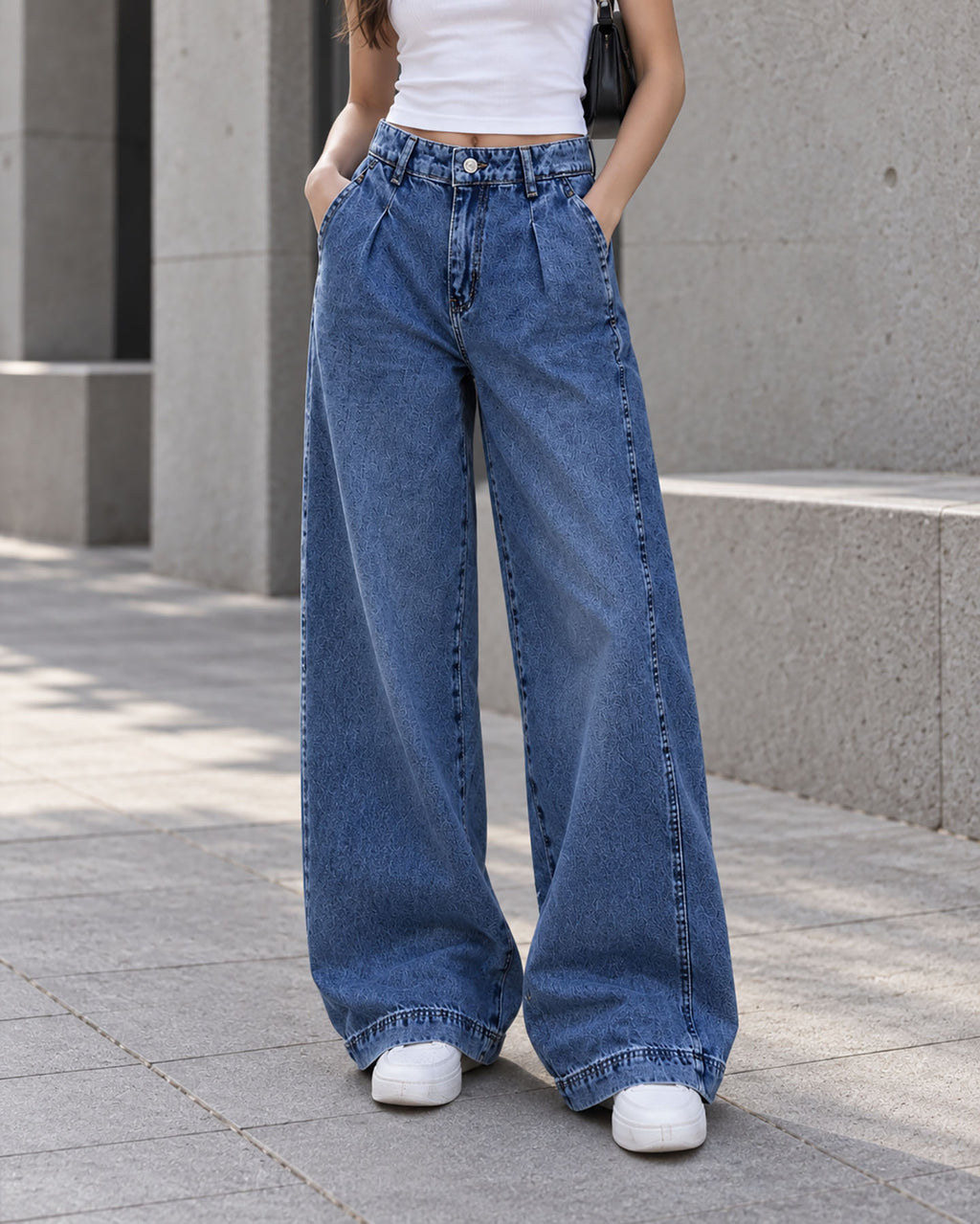 Blue High-Waisted Pleated Wide-Leg Jeans