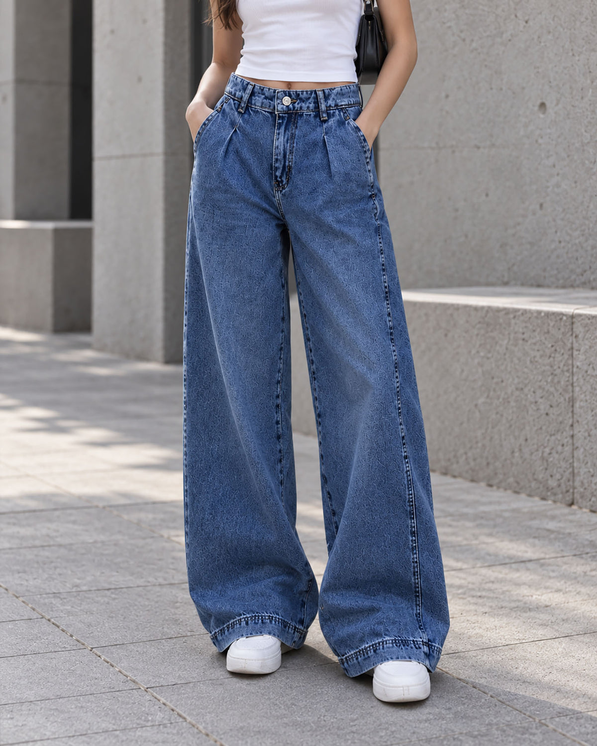 Blue High-Waisted Pleated Wide-Leg Jeans