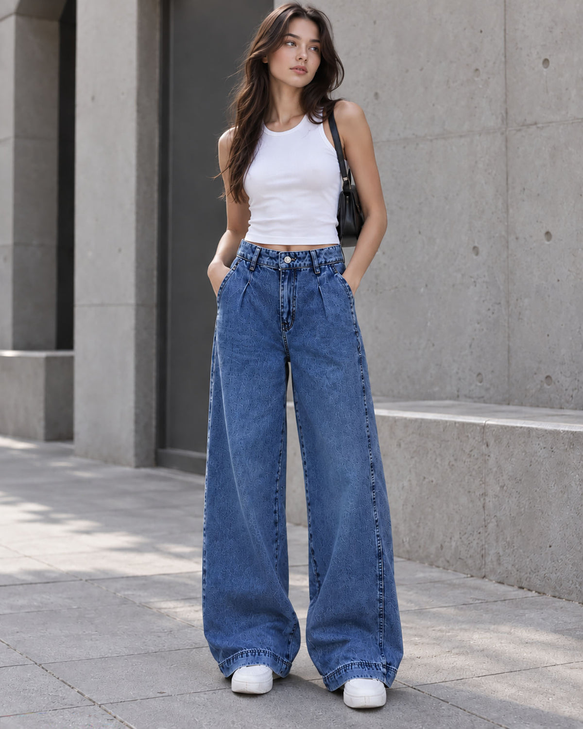 Blue High-Waisted Pleated Wide-Leg Jeans