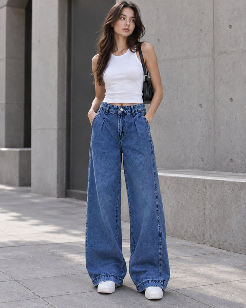 Blue High-Waisted Pleated Wide-Leg Jeans