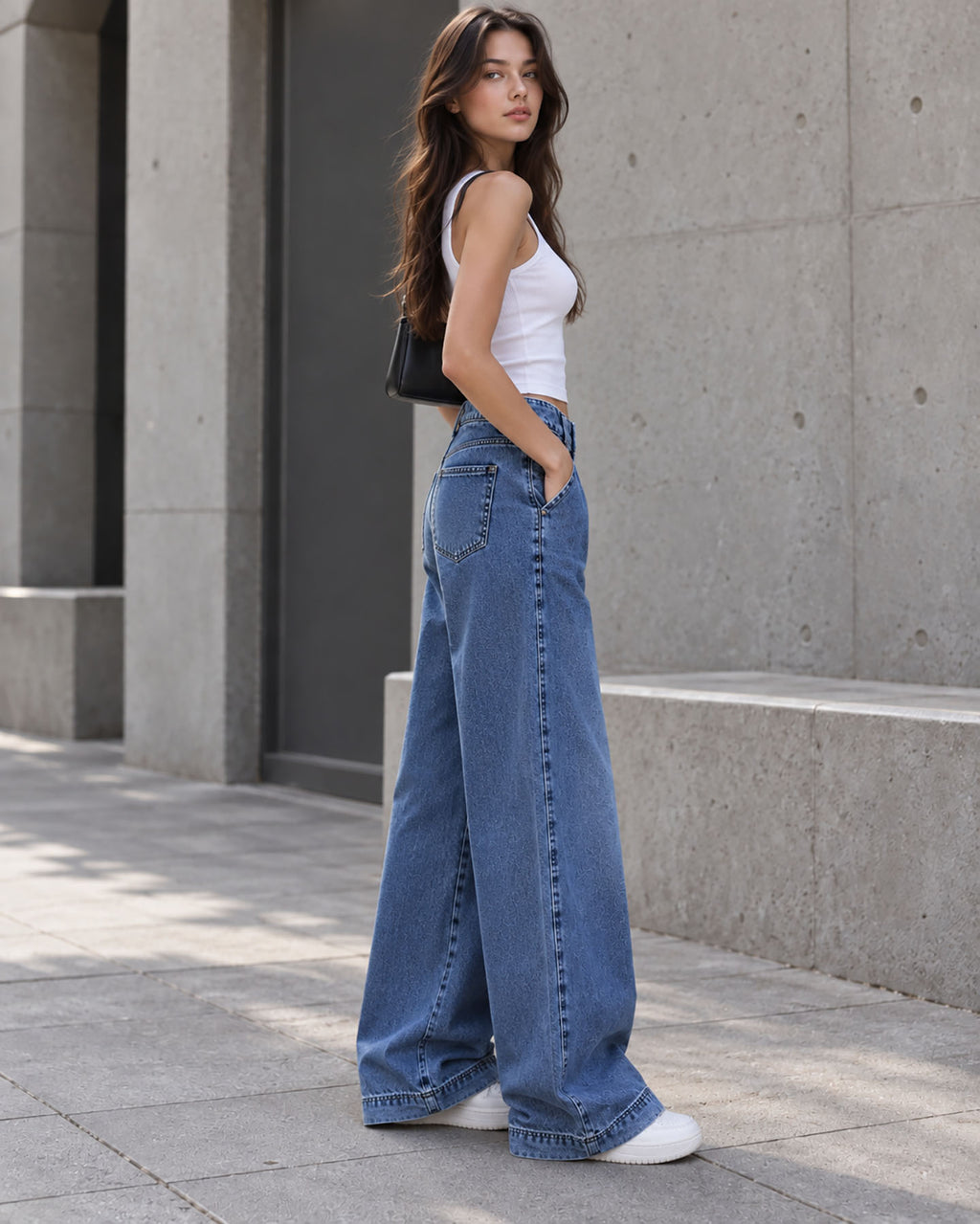 Blue High-Waisted Pleated Wide-Leg Jeans