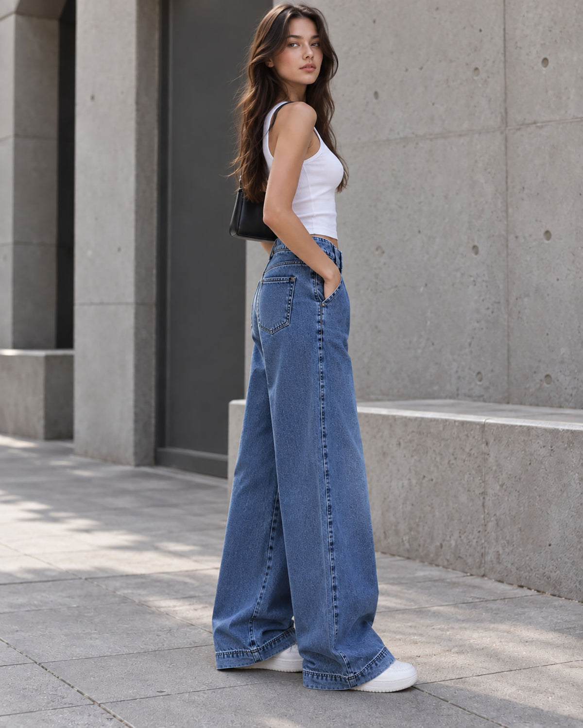 Blue High-Waisted Pleated Wide-Leg Jeans