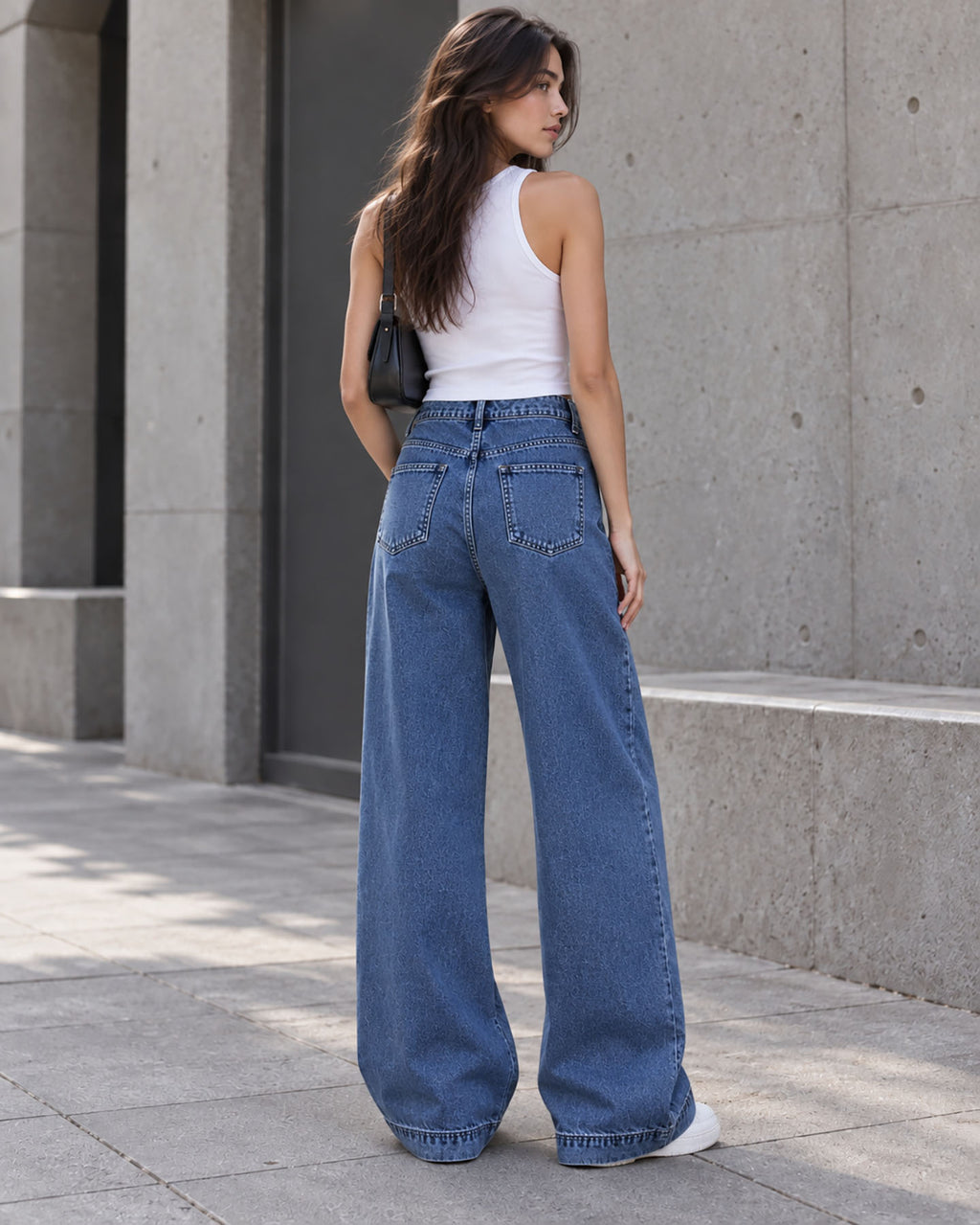 Blue High-Waisted Pleated Wide-Leg Jeans