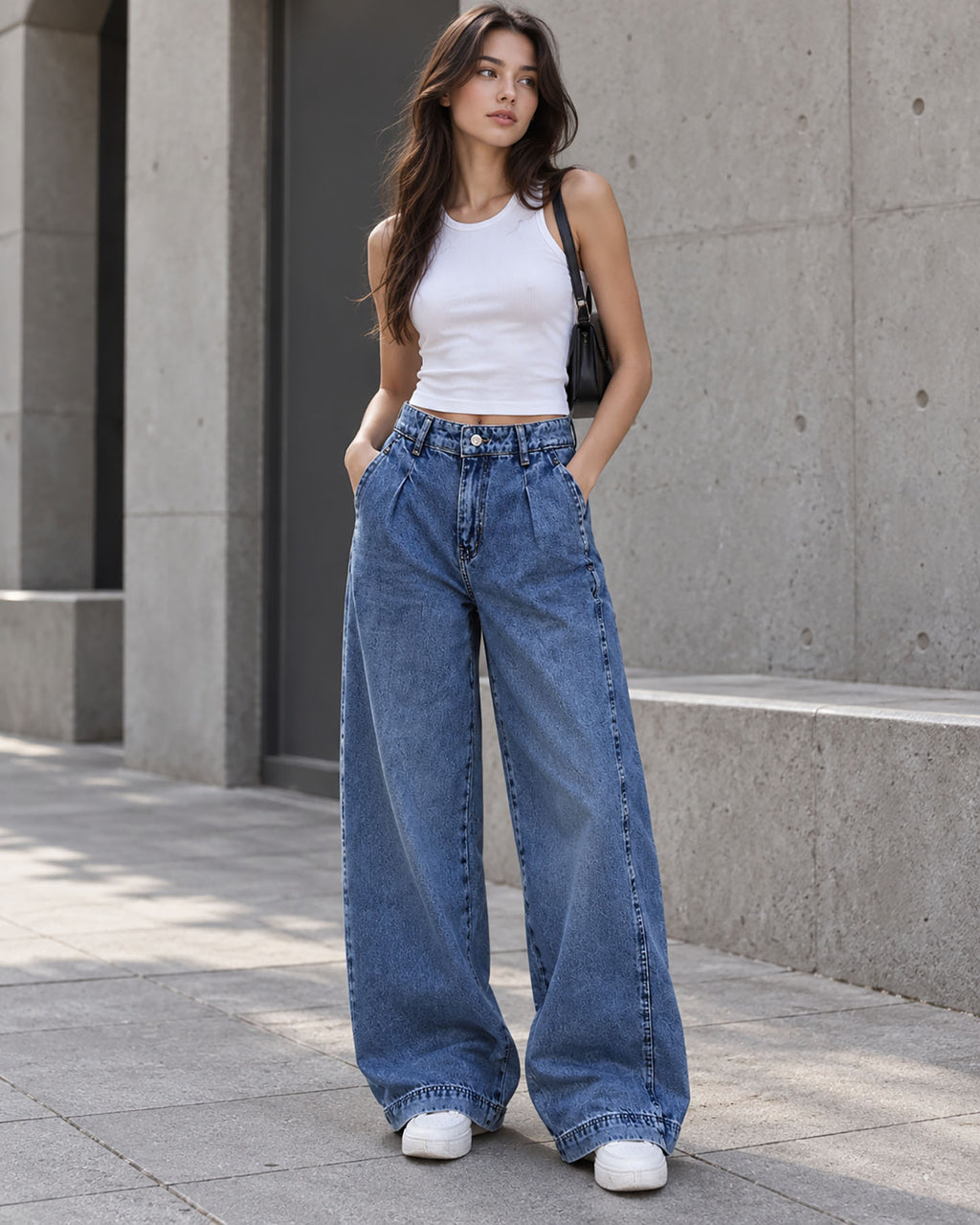 Blue High-Waisted Pleated Wide-Leg Jeans