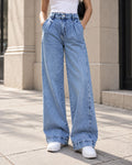 Light Blue High-Waisted Pleated Wide-Leg Jeans