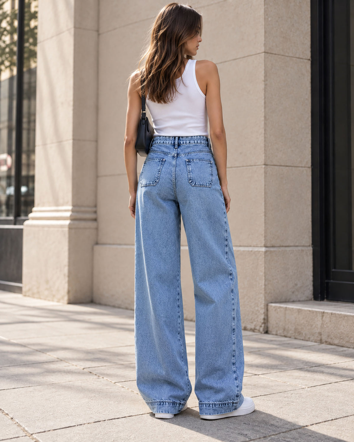 Light Blue High-Waisted Pleated Wide-Leg Jeans