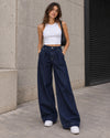 Navy High-Waisted Pleated Wide-Leg Jeans