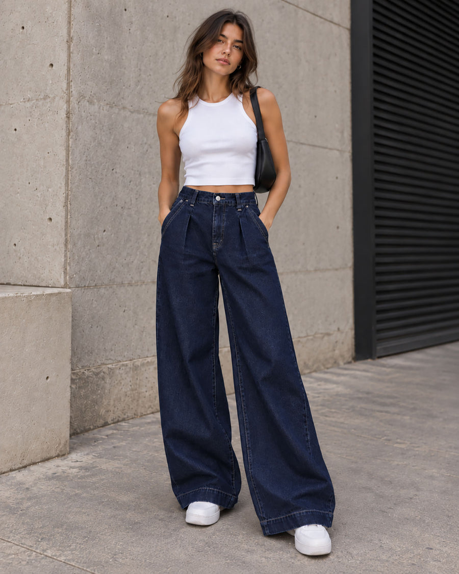 Navy High-Waisted Pleated Wide-Leg Jeans