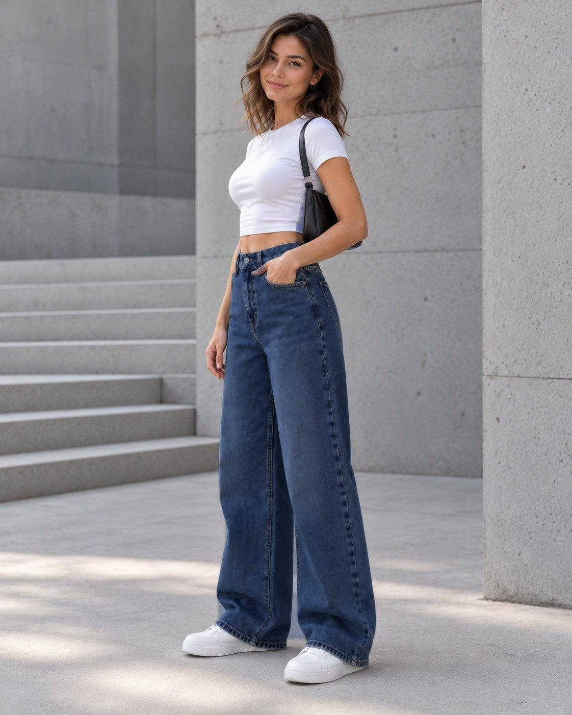 Deep Blue Curved Wide-Leg Jeans