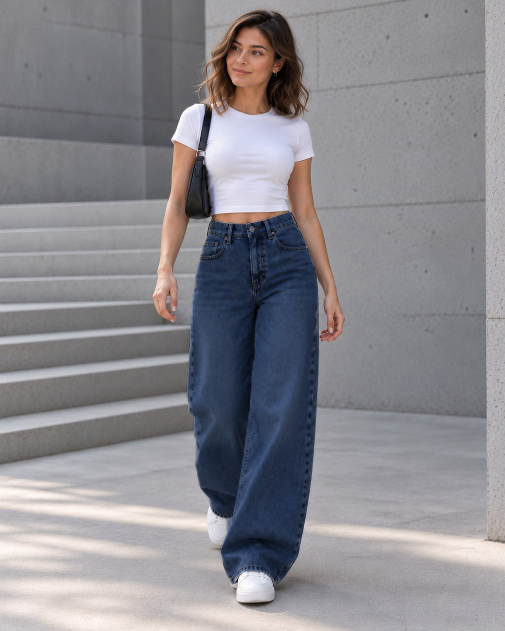 Deep Blue Curved Wide-Leg Jeans