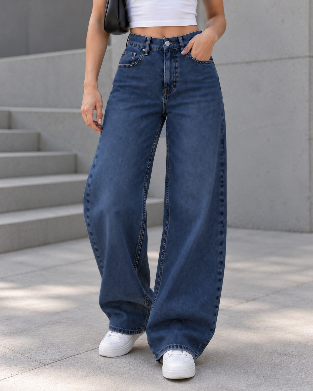 Deep Blue Curved Wide-Leg Jeans