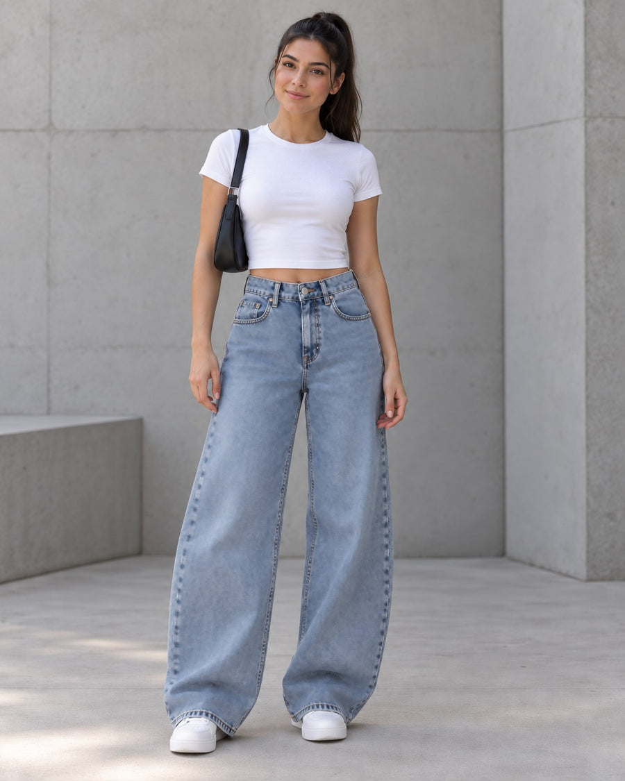 Light Blue Curved Wide-Leg Jeans