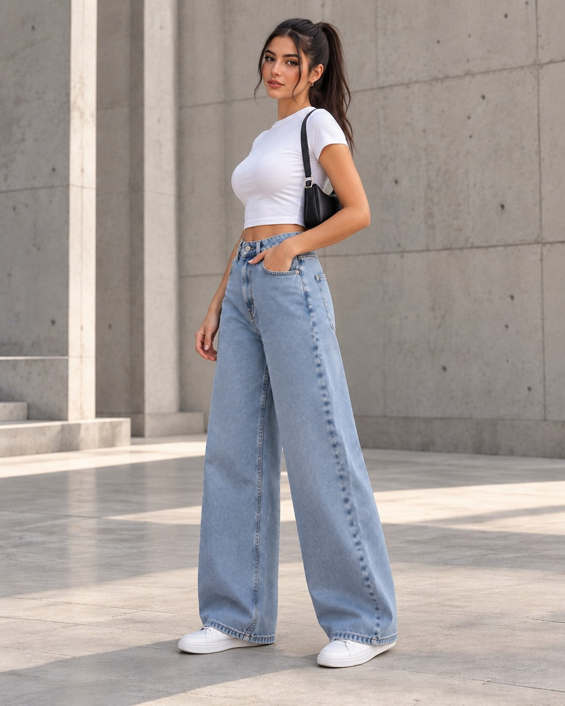 Light Blue Curved Wide-Leg Jeans