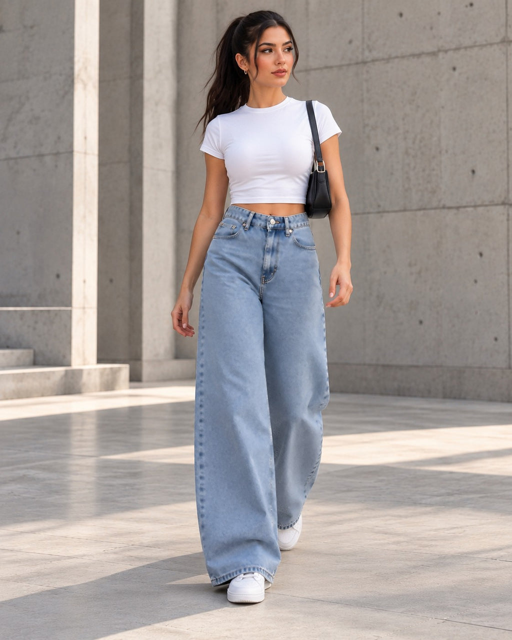 Light Blue Curved Wide-Leg Jeans