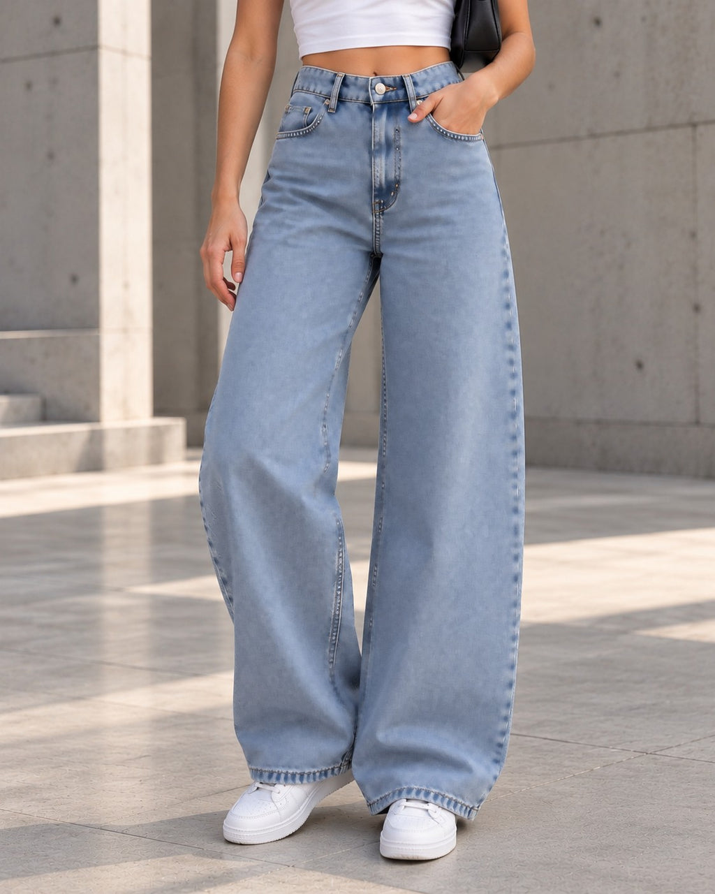 Light Blue Curved Wide-Leg Jeans